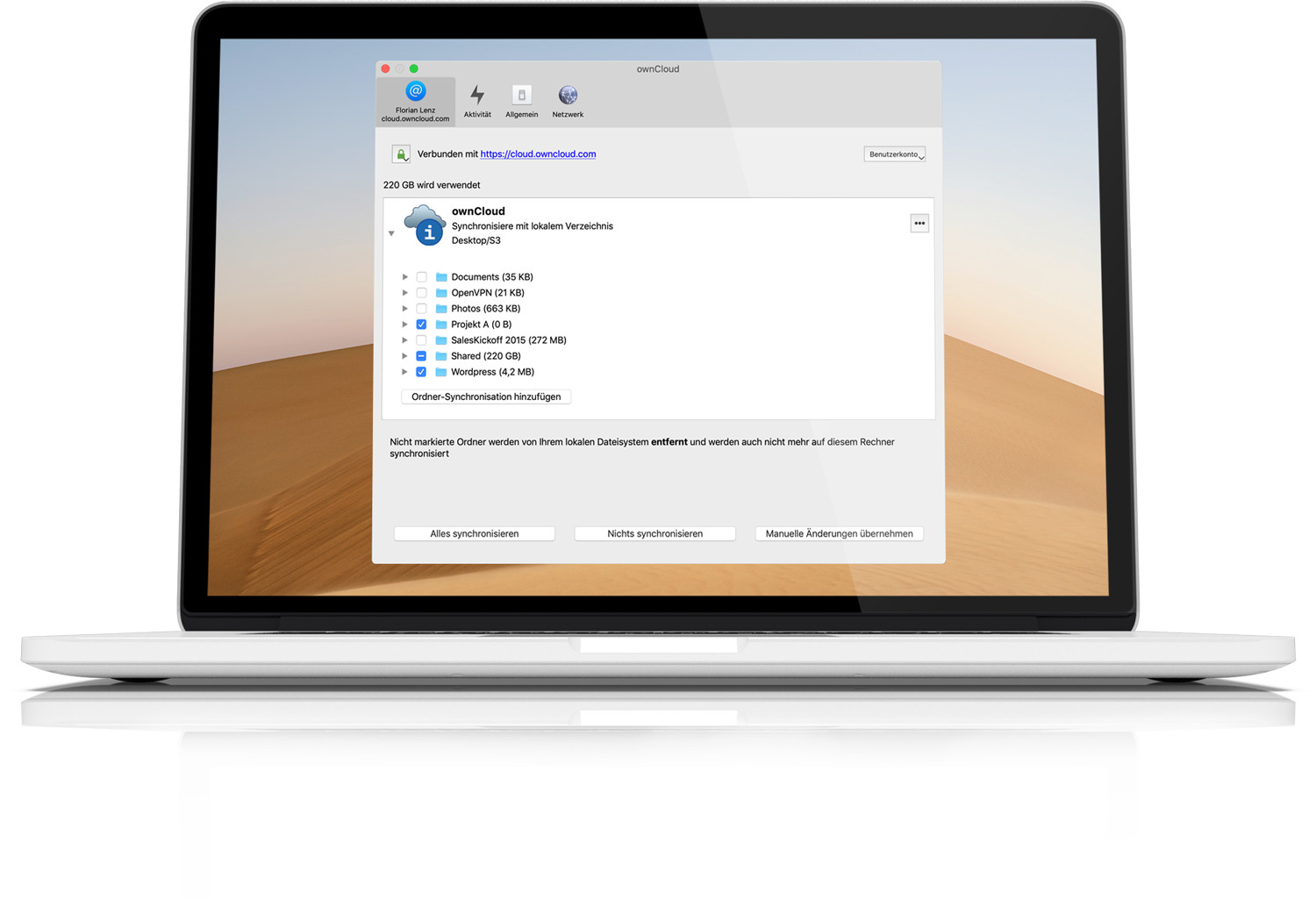 ownCloud.online desktop client syncing files